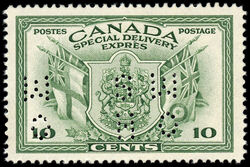 Canadian Coat of Arms, Special Delivery - War - OHMS - 4 Holes in Vertical H Bars Canada Postage Stamp