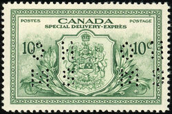 Canadian Coat of Arms, Special Delivery - Peace - OHMS - 4 Holes in Vertical H Bars Canada Postage Stamp